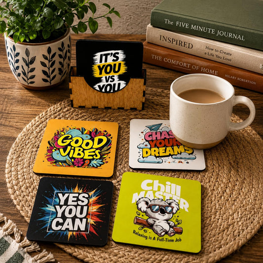 Motivational MDF Wooden Tea Coasters Set of 6 with Holder