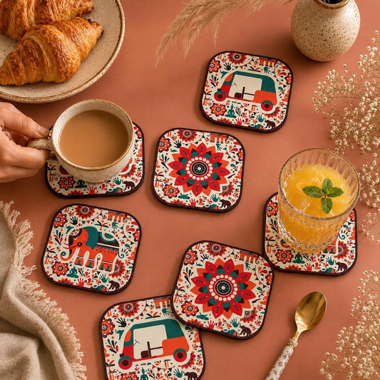 Motivational MDF Wooden Tea Coasters Set of 6 with Holder