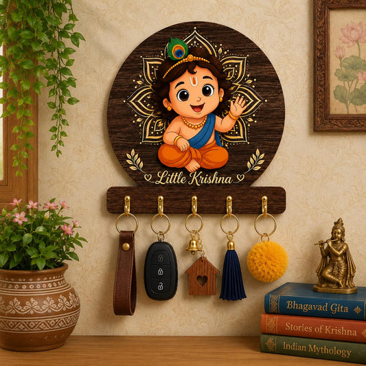 Little Krishna Wooden Key Holder for Wall Decorative MDF Key Stand with 5 Hooks