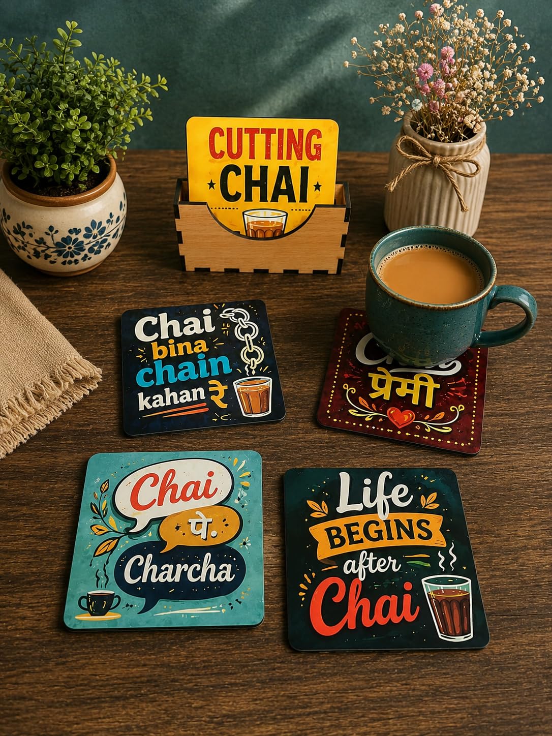 Motivational MDF Wooden Tea Coasters Set of 6 with Holder