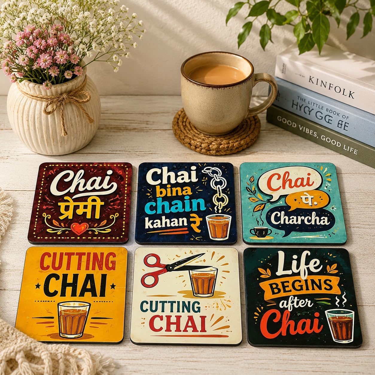 Motivational MDF Wooden Tea Coasters Set of 6 with Holder