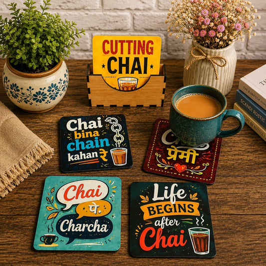 Motivational MDF Wooden Tea Coasters Set of 6 with Holder