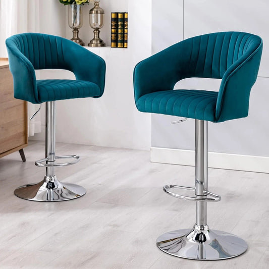 Plush Blue Velvet Adjustable Bar Chair